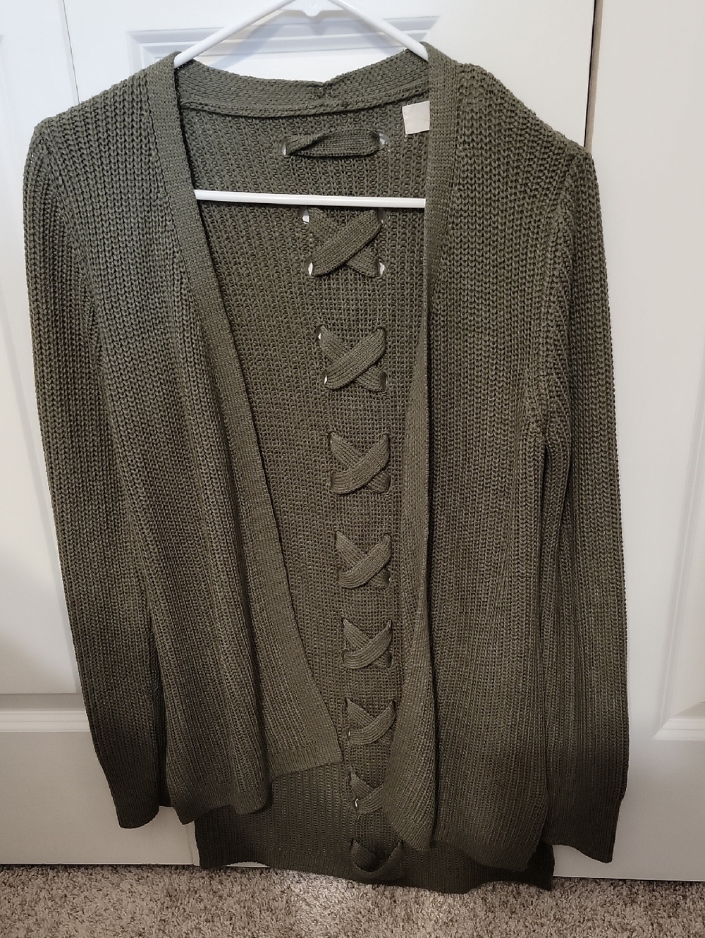 Women's Olive Green Open-Front Knit Cardigan with Crisscross Detail